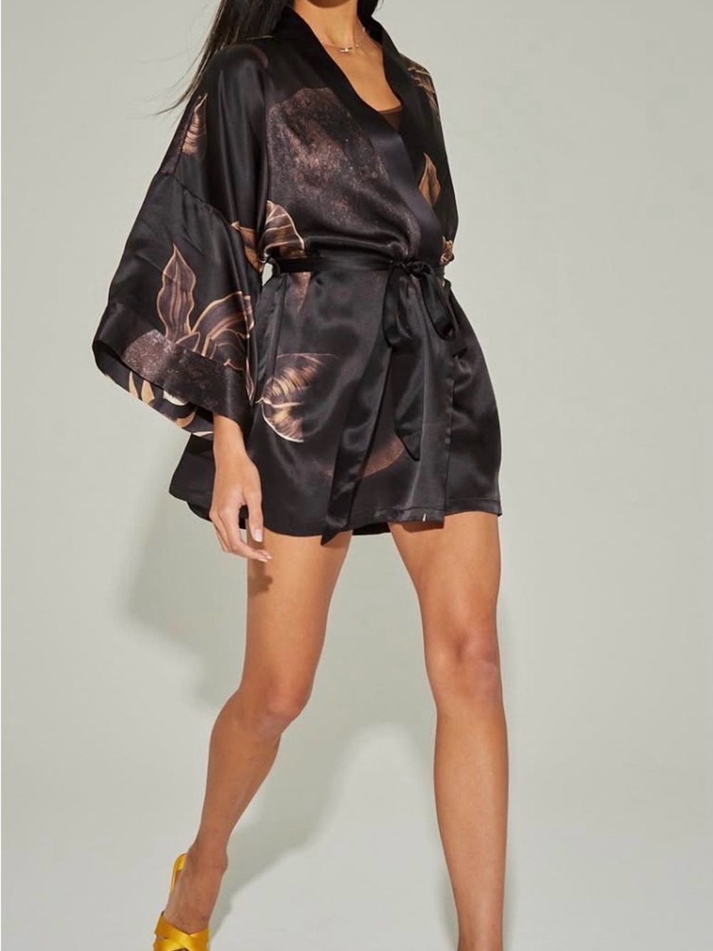 Black Satin Floral-Print Wrap Robe